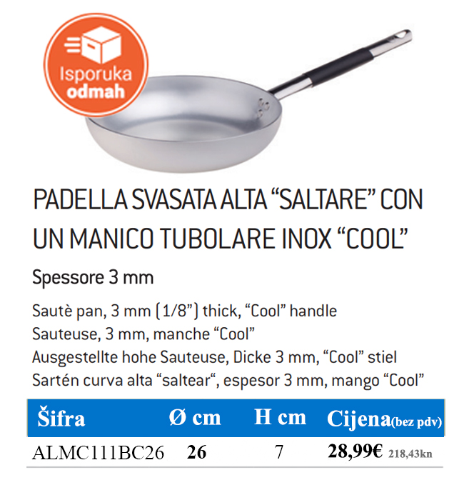 Pentole Agnelli Aluminium Straight Frying Pan 5 mm. Thick with Cool Handle, Diameter 28 cm.